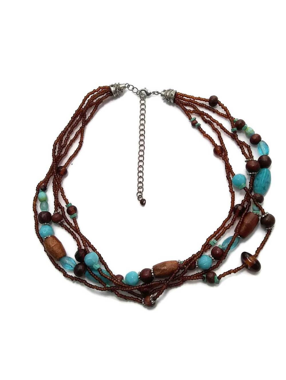 Vintage Silver Tone Wood Glass and Plastic Beaded 5 Strand Necklace.